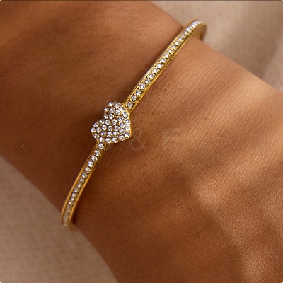 304 Stainless Steel & Rhinestone Cuff Bangles for Women BJEW-D464-01G-1