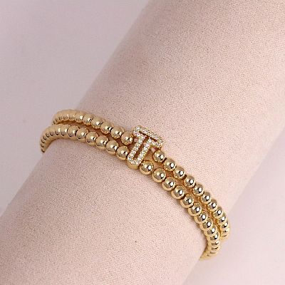 Brass Micro Pave Clear Cubic Zirconia Beads Double Strands Stretch Bracelets for Women FS-WGC7159-20-1