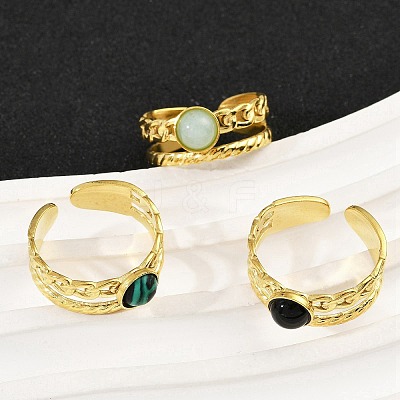 316 Stainless Steel with Natural Mixed Gemstone Cuff Rings RJEW-Z098-01G-14-1