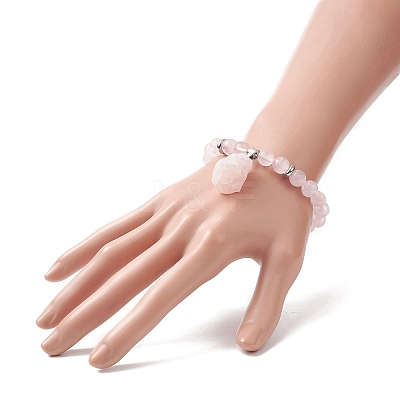 Round Natural Rose Quartz Beaded Stretch Bracelet with Nuggets Charms for Women BJEW-JB09316-02-1