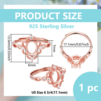 Adjustable 925 Sterling Silver Micro Pave Cubic Zirconia Oval Ring Component STER-BC0003-56RG-1