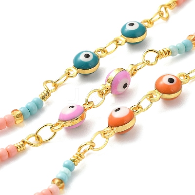 Handmade Brass Enamel Flat Round with Evil Eye Link Chains CHC-M024-23G-02-1