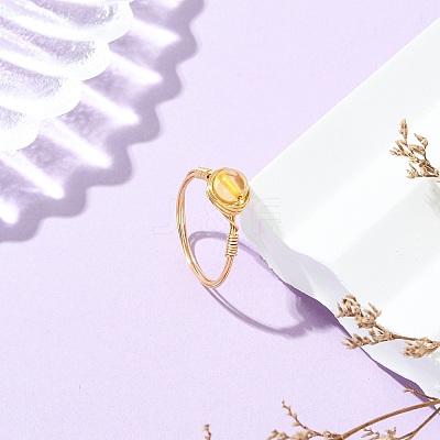 Copper Wired Natural Amber Finger Rings for Women RJEW-JR01052-03-1