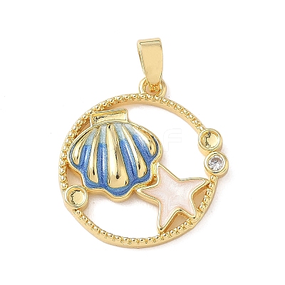 Flat Round with Shell Shape Brass Micro Pave Clear Cubic Zirconia Pendant Cabochon Settings KK-P334-17G-01-1