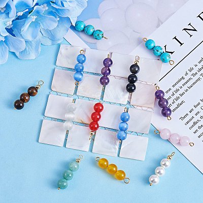 10Pcs Triple Natural Tiger Eye Round Beaded Connector Charms PALLOY-SW00003-06-1