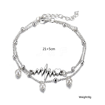 Alloy Heartbeat & Plastic Pearl Bead Tassel Double Layer Anklets for Women FS-WG27204-01-1