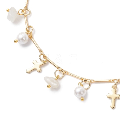 Natural White Moonstone Chip & Round Shell Pearl Cross Tassel Anklets AJEW-AN00716-03-1