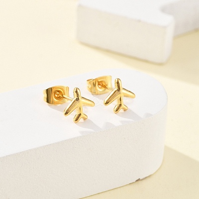304 Stainless Steel Tiny Airplane Stud Earrings with 316 Stainless Steel Pins for Women LS-EJEW-J043-01G-1