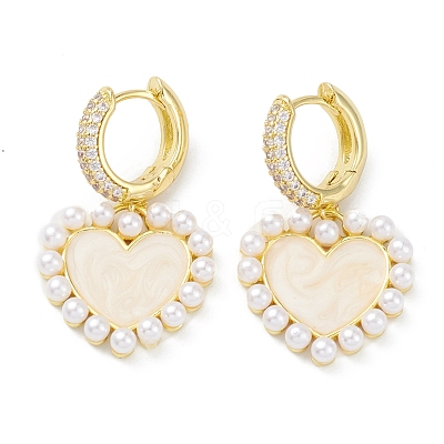 Heart Rack Plating Brass Cubic Zirconia Hoop Earrings with Plastic Pearl Beads EJEW-K245-06G-1