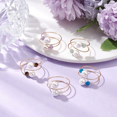 Round Shell Pearl & Natural Black Onyx & Moonstone & Green Aventurine & Apatite & Amethyst Finger Rings RJEW-JR00765-1