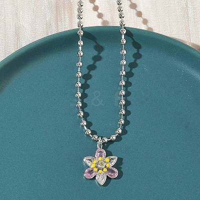 Brass Pave Pink and Clear Cubic Zirconia with Enamel Flower Pendant Ball Chain Necklaces NJEW-G183-04P-1
