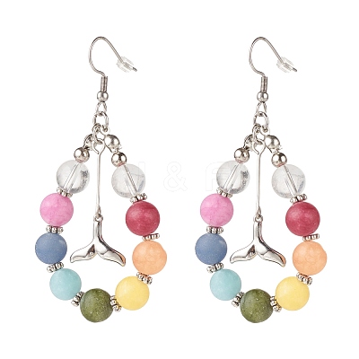Natural Mixed Gemstone Braided Teardrop Dangle Earrings with Brass Whale Tail Charms EJEW-JE04951-02-1