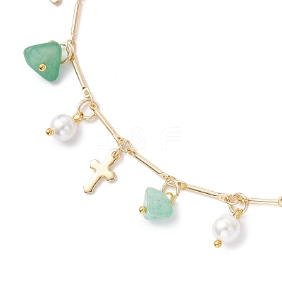 Natural Green Aventurine Chip & Round Shell Pearl Cross Tassel Anklets AJEW-AN00716-02-1