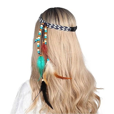 1Pc Boho Feathers Headband Hair Extensions Headpiece AJEW-DJ0001-51B-1