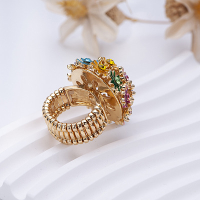 Flower Alloy with Rhinestone Enamel Finger Rings for Women FS-WG3A5AD-01-1