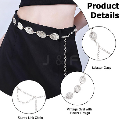 2Pcs 2 Colors Alloy Oval with Flower Link Chain Waist Belly Chains for Women AJEW-HS0001-31-1