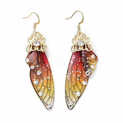 Resin Butterfly Wing Dangle Earrings with Clear Cubic Zirconia EJEW-G302-01G-1