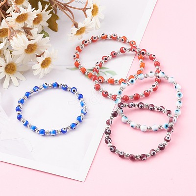 Handmade Round Evil Eye Lampwork Beaded Stretch Bracelets BJEW-JB05974-1