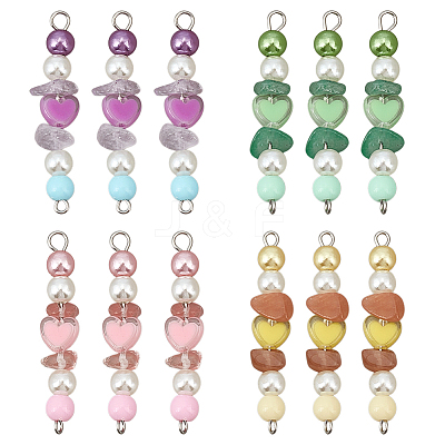 Natural Green Aventurine & Natural Sunstone & Natural Ametrine & Cherry Quartz Glass Chip & Acrylic Heart & Imitation Round Pearl Beaded Connector Charms PALLOY-GO00061-1