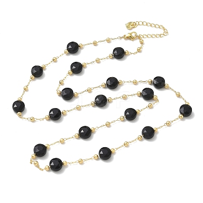 Natural Black Onyx(Dyed & Heated) Faceted Flat Round Beaded Chain Necklaces with Matte Brass Beads GG-CBA37F5-01G-11-1