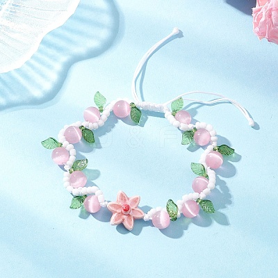 Handmade Porcelain and Cat Eye and Acrylic Beads Braided Bead Bracelets BJEW-TA00700-02-1