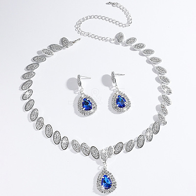 Teardrop Brass Rhinestone Pendant Necklace & Stud Dangle Earrings Sets for Women FS-WG71281-05-1