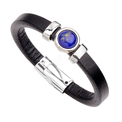 Natural Lapis Lazuli Flat Round Link Bracelet with Imitetion Leather Cords and Metal Magnetic Clasps PW-WG93132-05-1