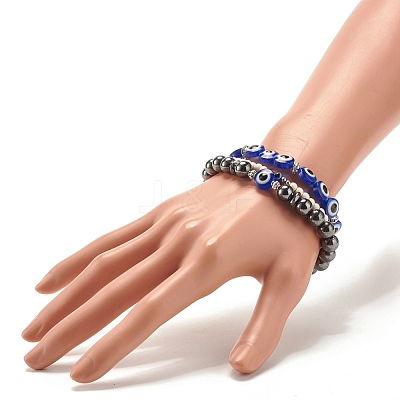 3Pcs 3 Style Synthetic Turquoise(Dyed) & Hematitie Round Beaded Stretch Bracelets Set BJEW-JB07620-1