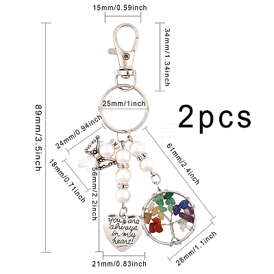 2Pcs Chakra Tree Of Life Natural/Synthetic Mixed Stone Pendant Keychain KEYC-CA0001-39-1