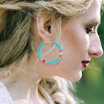 6 Pairs 6 Colors Polymer Clay Heishi Surfer Beaded Hoop Earrings EJEW-AN0002-23-1