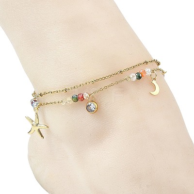 Ocean Faceted Rondelle Electroplate Glass 2-Strand 304 Stainless Steel Starfish Charm Anklets for Women AJEW-AN00793-01-1