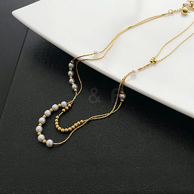 304 Stainless Steel Boston Link Chains Double Layer Necklaces BJEW-K257-04G-1