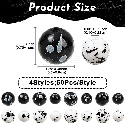 200Pcs 4 Styles Printed Opaque Acrylic Round Beads ACRP-YW0001-19-1