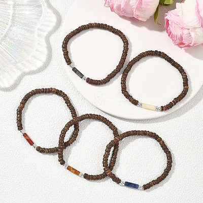 Coconut and Natural & Synthetic Mixed Gemstone Beads Stretch Bracelets BJEW-JB12674-1