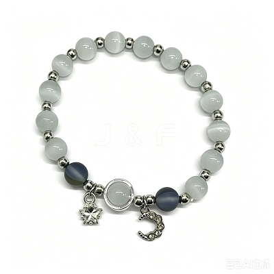 Moon Alloy Cat Eye & Natural Moonstone Round Beaded Charm Bracelets WG18D49-05-1