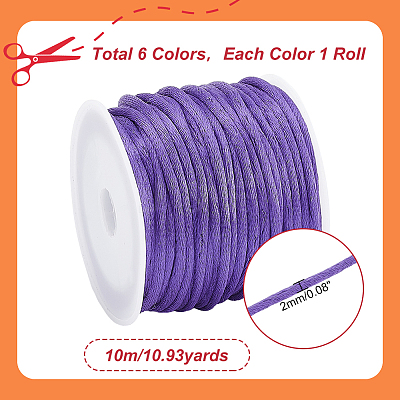 6 Rolls 6 Colors Nylon Satin Rattail Cords NWIR-PH0002-12-1