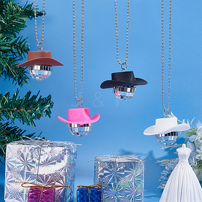 4Pcs 4 Colors Plastic Cap with Glass Disco Ball Pendant Necklace with Iron Ball Chains NJEW-GA0001-06-1