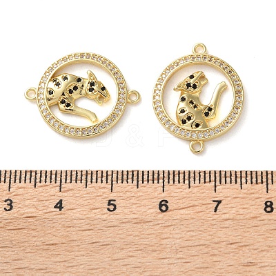 Rack Plating Brass Black Cubic Zirconia Flat Round with Leopard Connector Charms KK-C084-16G-1