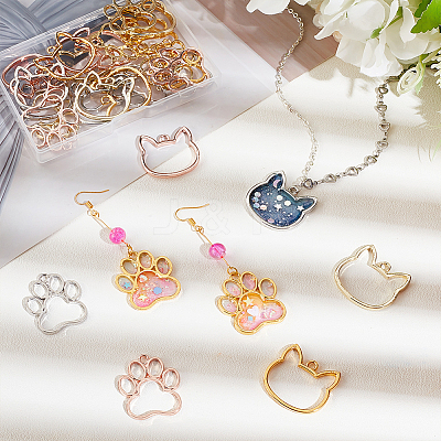 32Pcs 8 Styles Cat Head Paw Print Alloy Open Back Bezel Charms PALLOY-OC0002-99-1