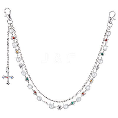 1Pc Alloy Colorful Rhinestone Flower & Plastic Pearl Link Chain Double Layer Pants Chains AJEW-GF0012-74-1