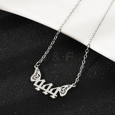 201 Stainless Steel Number 444 with Butterfly Wings Pendant Necklaces LS-NJEW-P332-01B-P-1