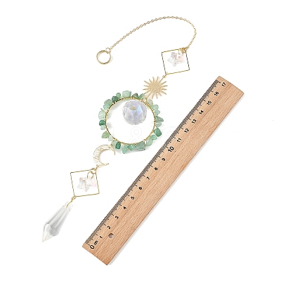 Sun Moon Ring Brass & Natural Green Aventurine Chip Suncatcher HJEW-JM05027-03-1