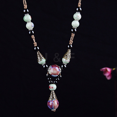 Alloy & Porcelain Teardrop Pendant Beaded Necklaces for Women FS-WG9463F-01-1