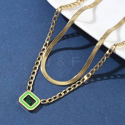 304 Stainless Steel Rhinestone Rectangle Pendant Double Layer Necklaces for Women NJEW-Z070-01G-02-1