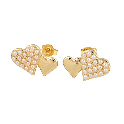 Brass ABS Plastic Pearl Heart Stud Earrings EJEW-L275-14G-02-1