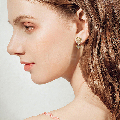 8Pcs 4 Style Flat Round with Flower Brass Micro Pave Clear Cubic Zirconia Stud Earrings Findings KK-DC0002-90-1