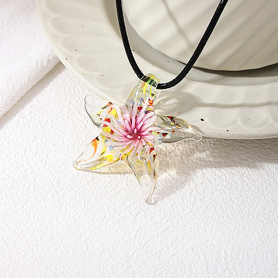 Summer Beach Starfish Transparent Glass Pendant Black Waxed Cord Necklaces for Women FS-WG29C72-02-1