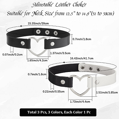 3Pcs 3 Styles Adjustable Gothic Two Tone PU Leather Alloy Heart Choker Necklaces for Women NJEW-CL0007-08-1