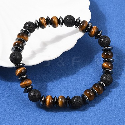 Tiger Eye with Hematite Partition and Lava Beaded Stretch Bracelets for Women Men BJEW-Q031-02A-1