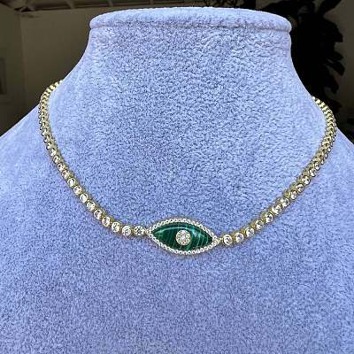 Synthetic Malachite Evil Eye Brass Pave Clear Cubic Zirconia Tennis Chocker Necklaces WG874A5-03-1